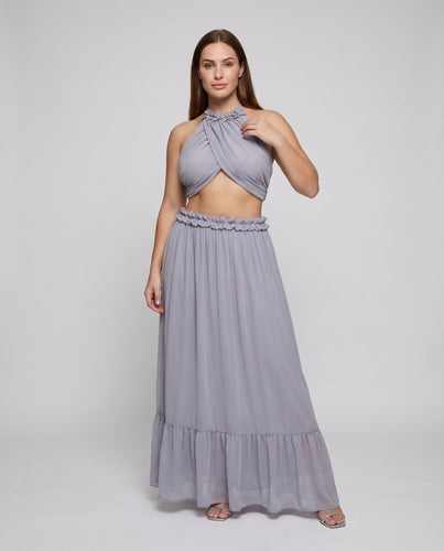 Damen Chiffon-Abendkleid Cutouts Blütenapplikation Halterkragen