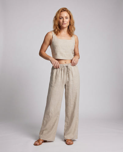 Damen luftiges Leinen-Crop-Top und weite Hose mit elastischem Bund