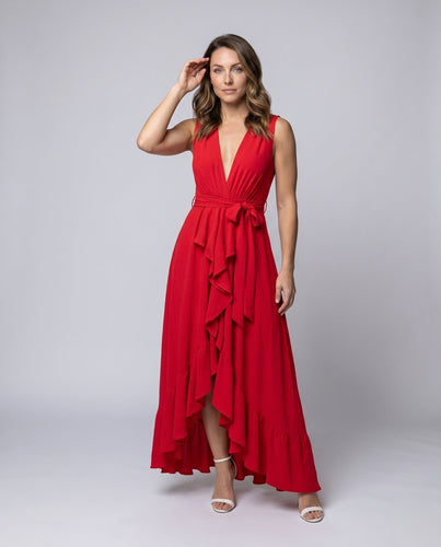 Damen Elegantes Maxikleid mit Volant und tiefem V-Ausschnitt Drune