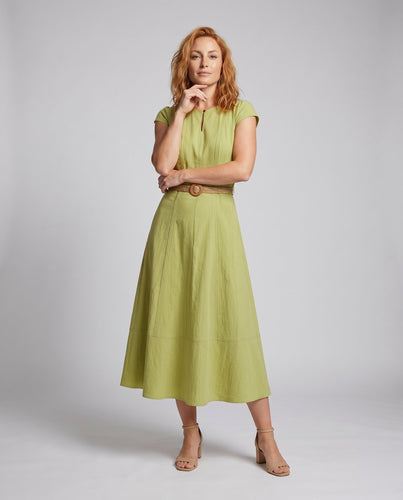 Damen Midi-Kleid mit elegantem Taillengürtel und schwingendem Rock