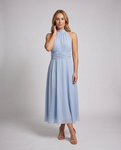Damen Halterneck Maxikleid mit taillierter Silhouette und fließendem Rock