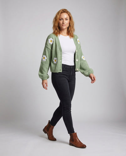 Damen Strickjacke mit Blumenmotiven und offenen Schnitt Drune