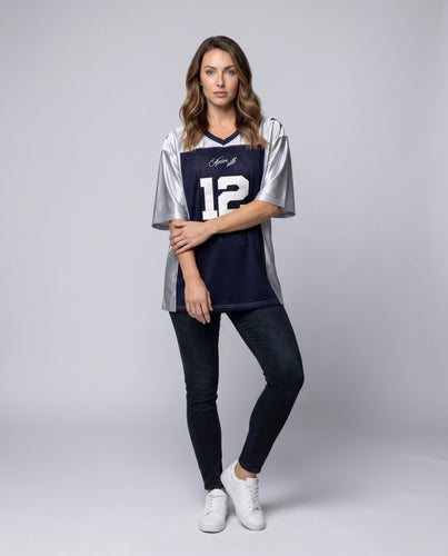 Damen nan weites Sportjersey im Football-Stil mit Mesh-Front und glänzenden Ärmeln Drune