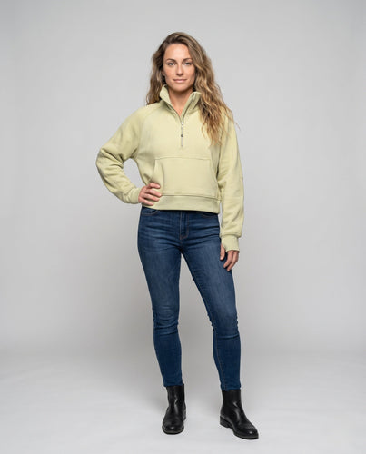 Damen Sportlicher Cropped Hoodie mit hohem Kragen und Kängurutasche Drune