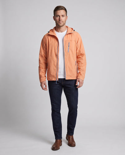 Herren nan leichte Outdoor-Kapuzenjacke mit hohem Kragen, Reißverschlusstaschen und Packfunktion Drune
