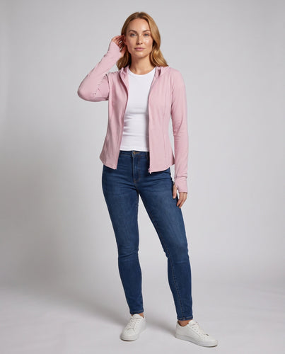 Damen nan figurnahe Stretch-Kapuzenjacke mit Reißverschluss und Daumenlöchern Drune