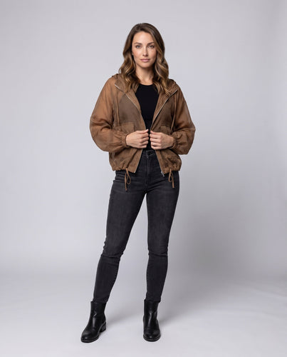 Damen nan leichte transparente Kapuzenjacke aus Chiffon mit Reißverschluss Tunnelzug und aufgesetzten Taschen Drune