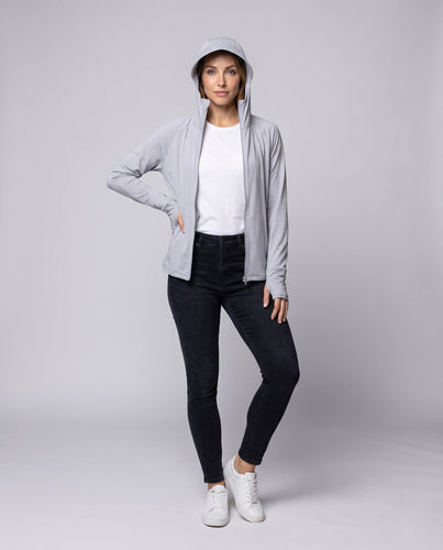 Damen nan Mikromesh-Zipjacke mit Kapuze, kühlender Funktionsfaser und elastischem Saum Drune