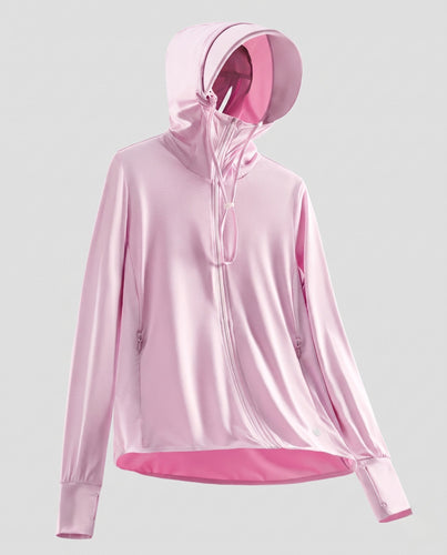 Damen nan ultraleichte UV-Schutz Kapuzenjacke mit Sonnenschirm und atmungsaktivem Mesh Drune