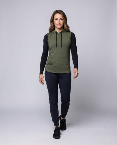 Damen ärmelloses Kapuzenshirt mit praktischer Kängurutasche Drune