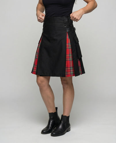 Damen Asymmetrischer Schwarz Tartan Kilt Rock Schnalle