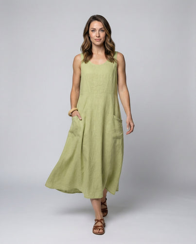 Damen Leinen Ärmelloses Kleid mit Taschen