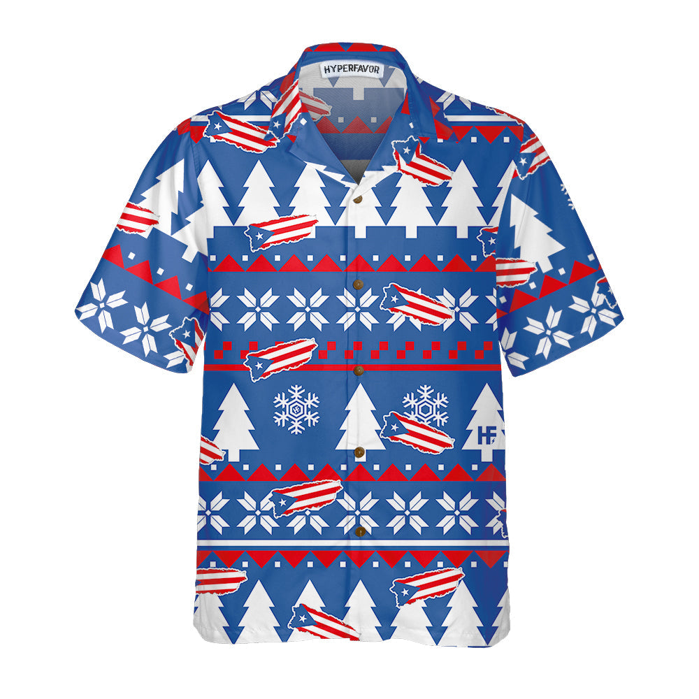 Drune | Puerto Rico Hässliches Weihnachtsmuster Hawaiian Shirt, Puerto Rico Flaggen Weihnachtshemd für Männer