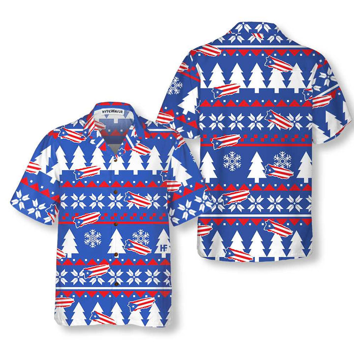 Drune | Puerto Rico Hässliches Weihnachtsmuster Hawaiian Shirt, Puerto Rico Flaggen Weihnachtshemd für Männer