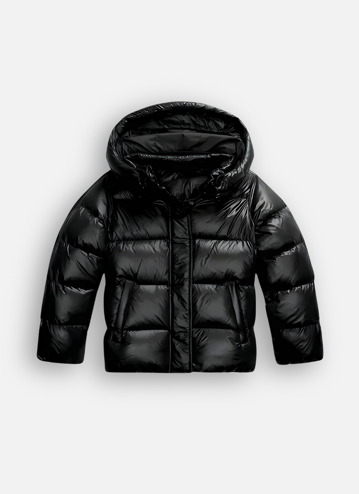Drune | Damen Glänzende Pufferjacke mit Kapuze und Wattierung