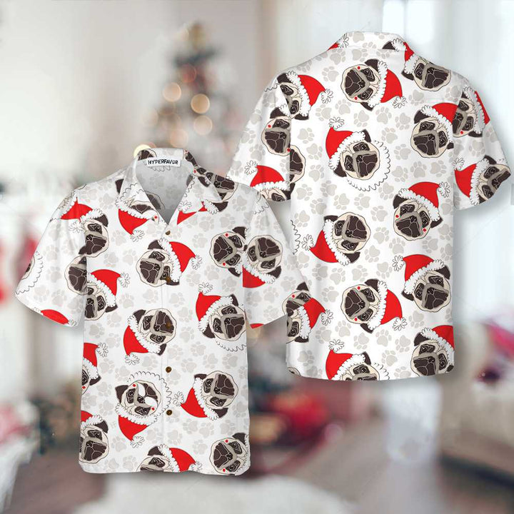 Drune | Pug Hund In Santa Hut Hawaiian Shirt, Lustiges Hund Weihnachten Shirt, Weihnachtsgeschenk Für Pug Liebhaber