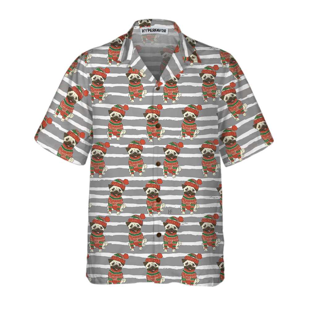 Drune | Pug In Sweatshirt und Wintermütze Hawaiian Shirt, Lustiges Pug Weihnachts Shirt