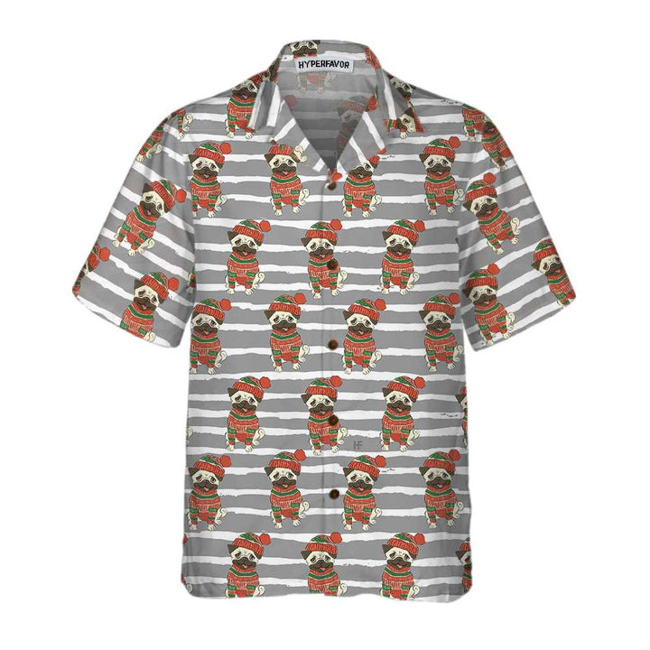 Drune | Pug In Sweatshirt und Wintermütze Hawaiian Shirt, Lustiges Pug Weihnachts Shirt