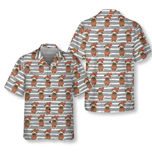 Drune | Pug In Sweatshirt und Wintermütze Hawaiian Shirt, Lustiges Pug Weihnachts Shirt