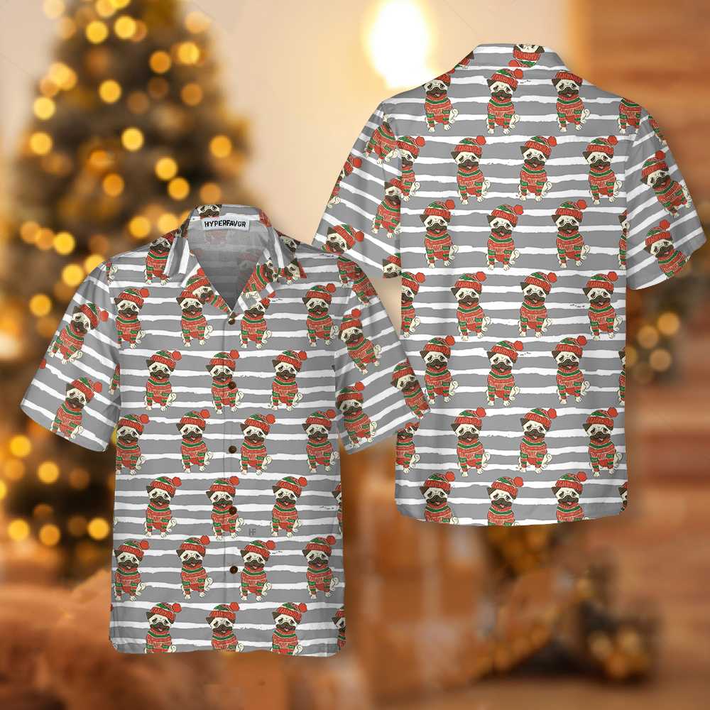 Drune | Pug In Sweatshirt und Wintermütze Hawaiian Shirt, Lustiges Pug Weihnachts Shirt