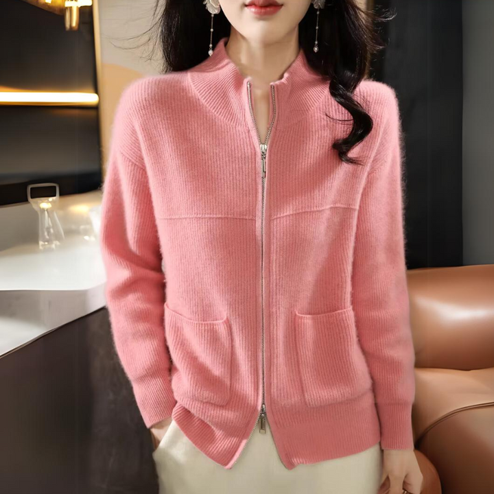 Drune | Damen Merino Strickjacke mit Reißverschluss und langen Ärmeln