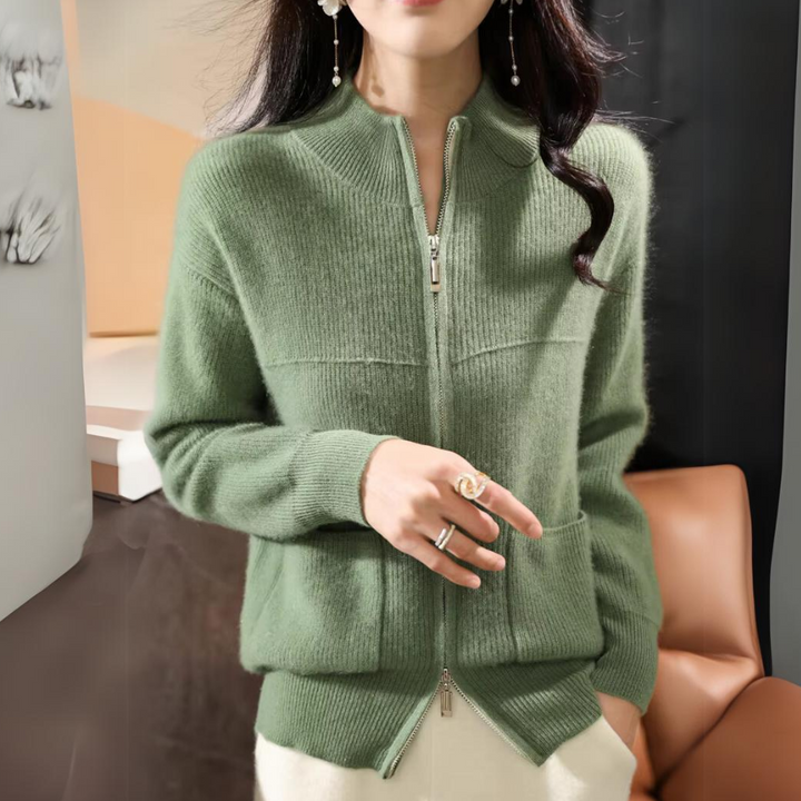 Drune | Damen Merino Strickjacke mit Reißverschluss und langen Ärmeln