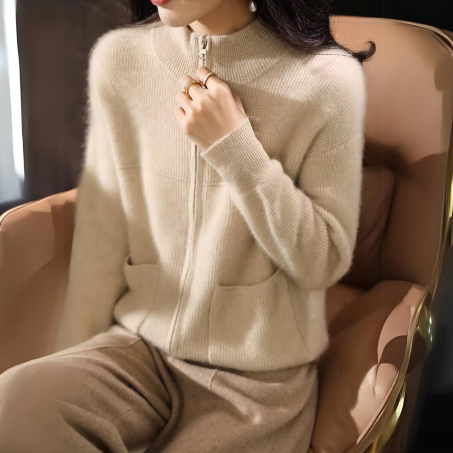 Drune | Damen Merino Strickjacke mit Reißverschluss und langen Ärmeln