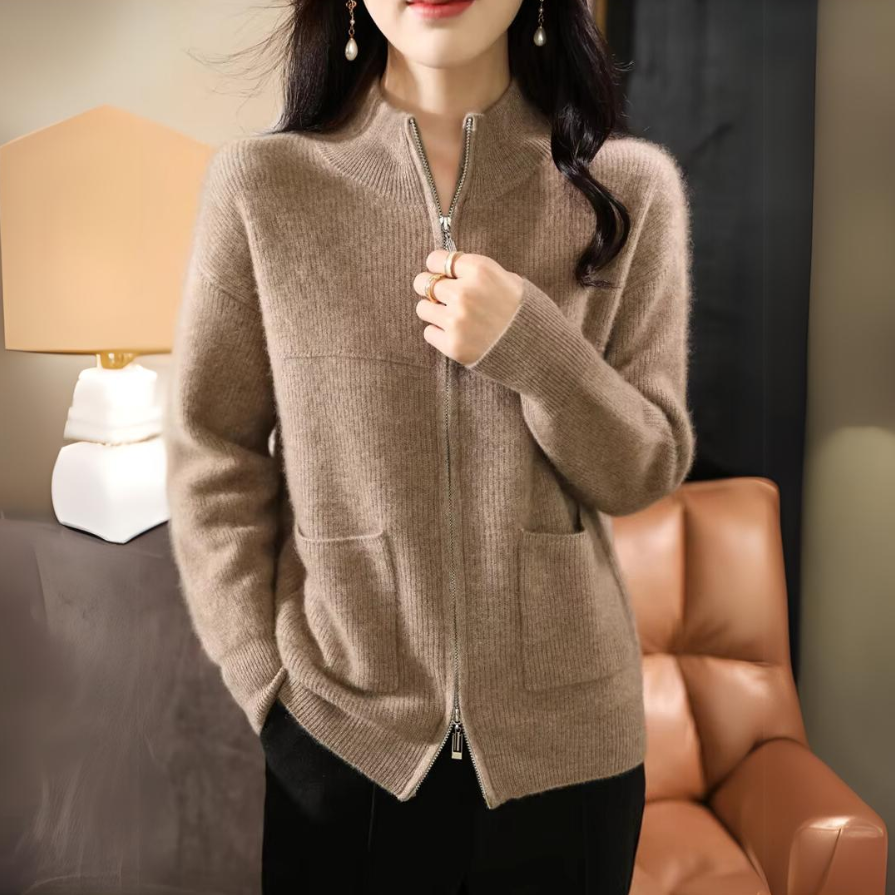 Drune | Damen Merino Strickjacke mit Reißverschluss und langen Ärmeln