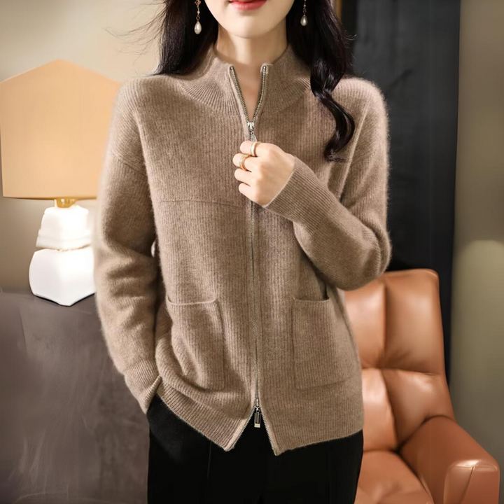 Drune | Damen Merino Strickjacke mit Reißverschluss und langen Ärmeln