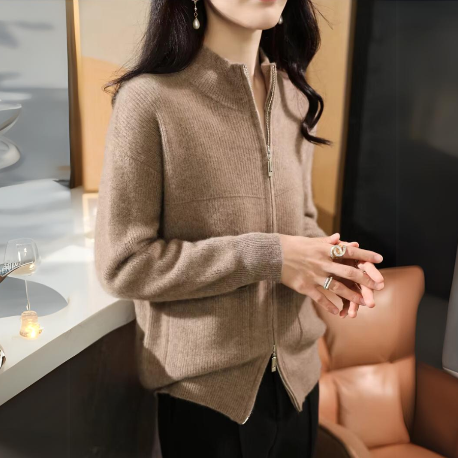 Drune | Damen Merino Strickjacke mit Reißverschluss und langen Ärmeln