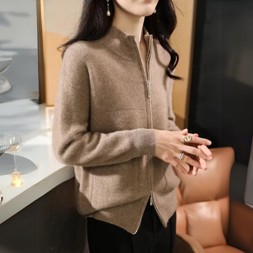 Drune | Damen Merino Strickjacke mit Reißverschluss und langen Ärmeln