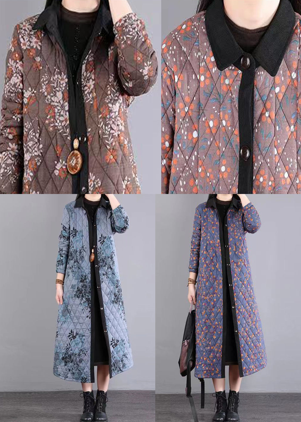 Drune | Druck Patchwork Feine Baumwollgefüllte Mäntel Peter Pan Kragen Winter
