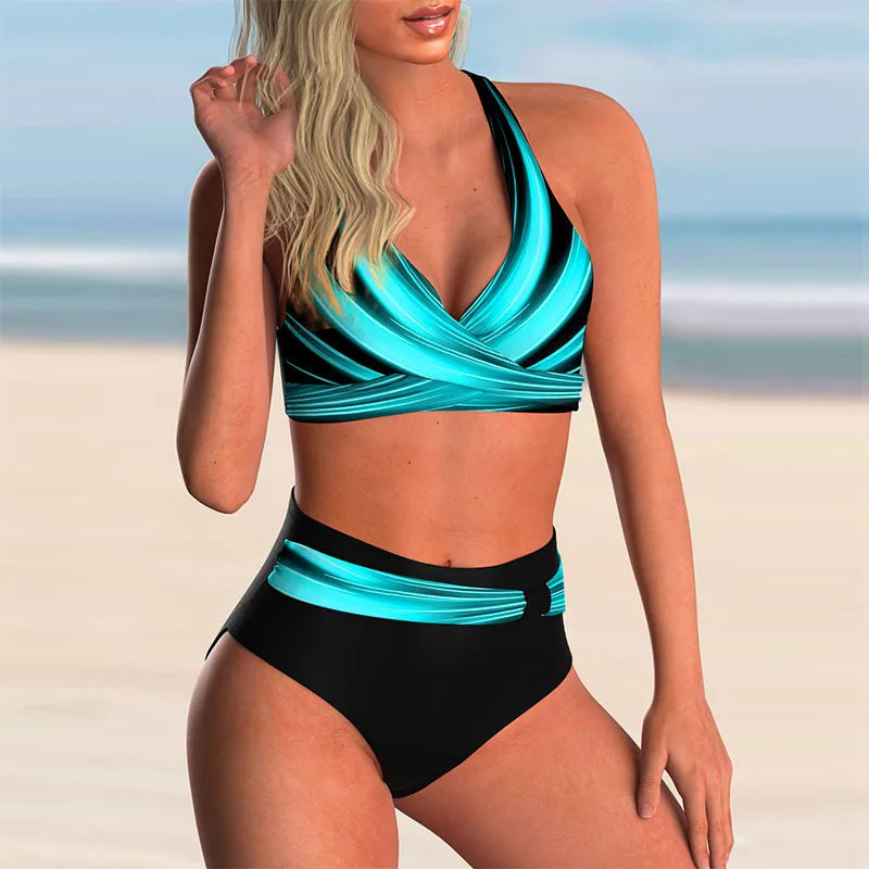 Drune - Hoch tailliertes Push-Up-Halter-Bikini-Set für Damen