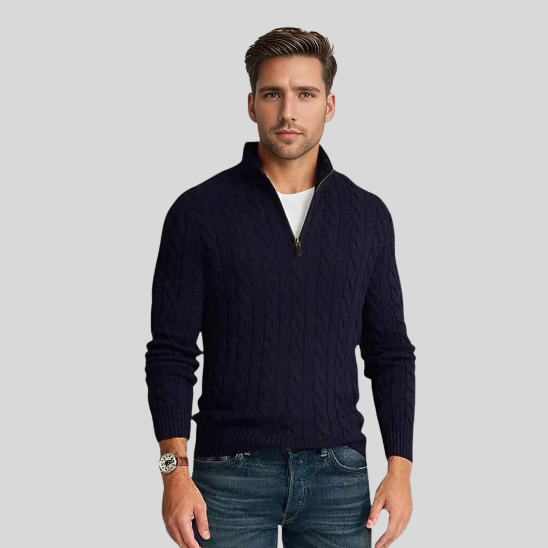 Drune | Herren Kabelstrick-Pullover mit Reißverschluss