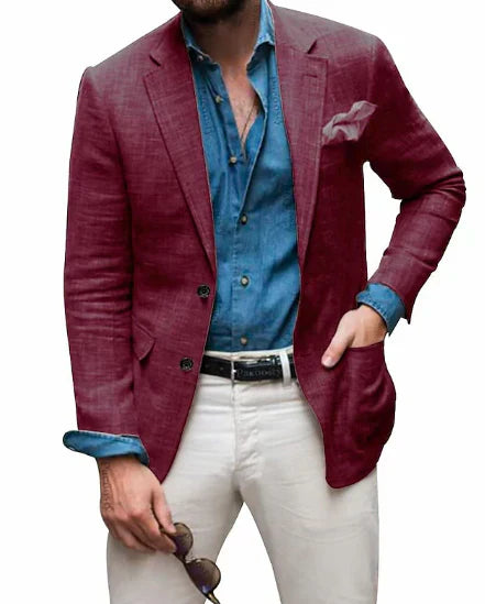 Drune | Herren Leinen Blazer Strand Hochzeit Lässig Tailored Fit Solide Farbe Einreihig Zwei Knöpfe