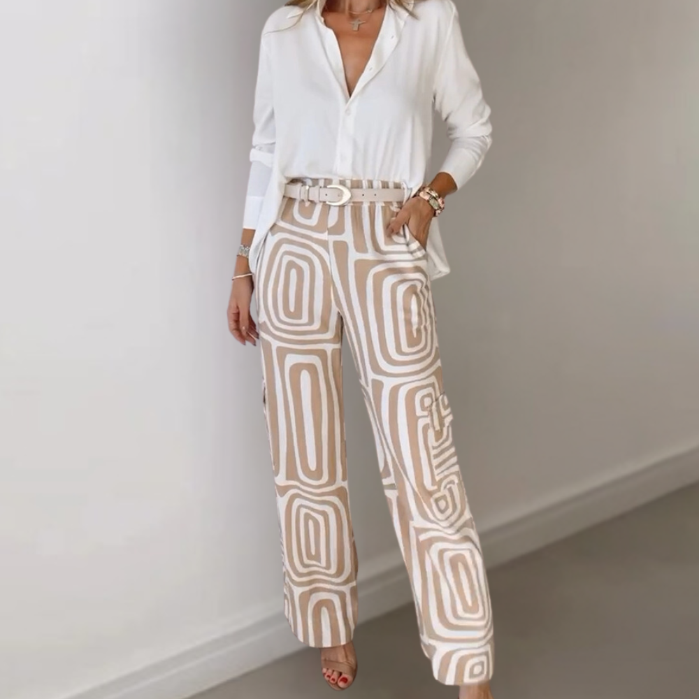 Drune | Hose mit Retro-Muster - Weite High Waist Stoffhose mit Gürtel für Büro & Freizeit
