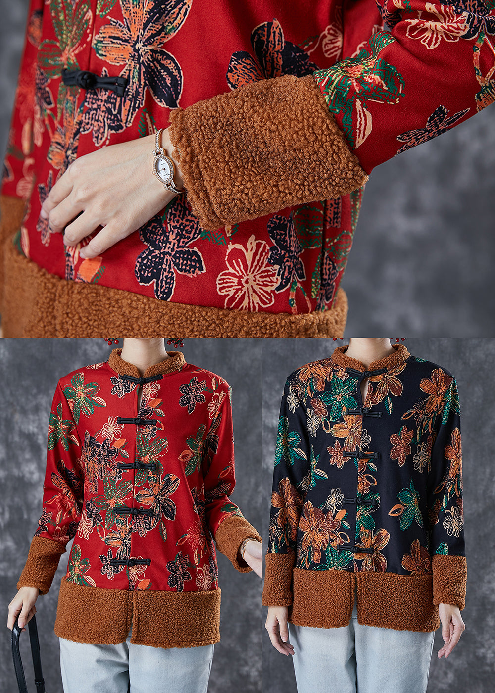Drune | Patchwork Warme Fleecejacken Chinesischer Knopf Winter