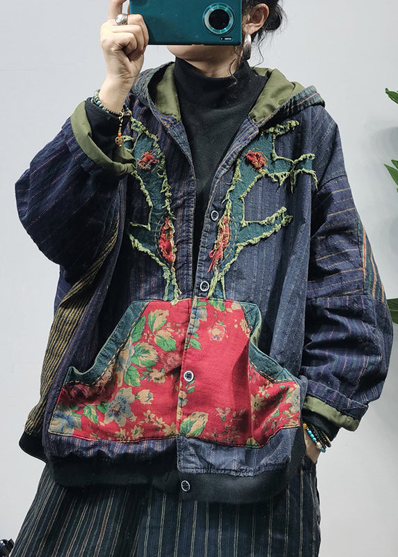 Drune | Farbblock bestickte Kapuzenjacken mit Taschen Patchwork Langarm