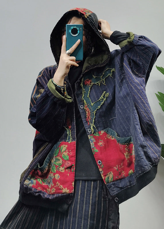 Drune | Farbblock bestickte Kapuzenjacken mit Taschen Patchwork Langarm