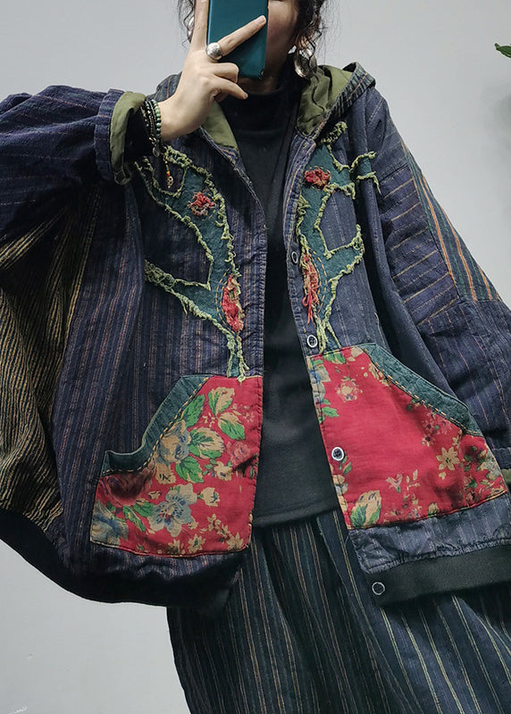 Drune | Farbblock bestickte Kapuzenjacken mit Taschen Patchwork Langarm