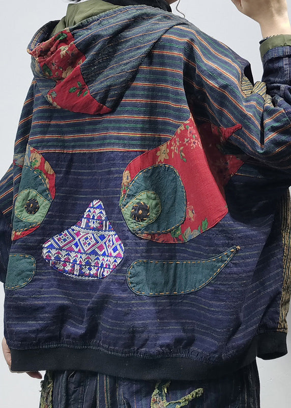 Drune | Farbblock bestickte Kapuzenjacken mit Taschen Patchwork Langarm