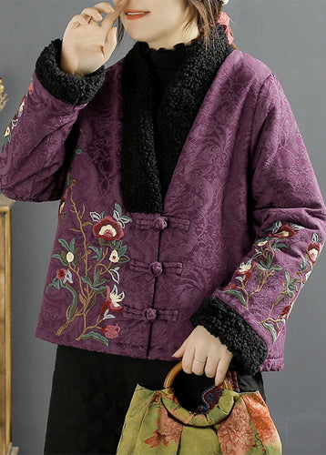 Drune | Lila gestickte Kunstpelz-Patchwork feine Baumwollgefüllte Jacken Winter