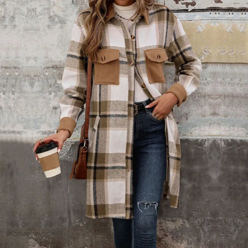 Drune | Damen Lange Karierte Jacke mit Taschen
