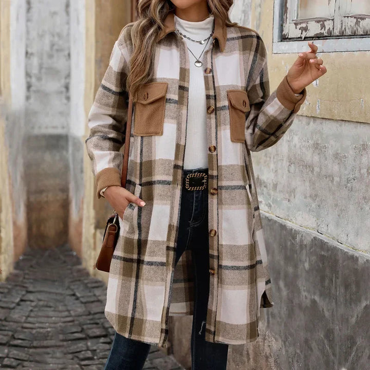 Drune | Damen Lange Karierte Jacke mit Taschen