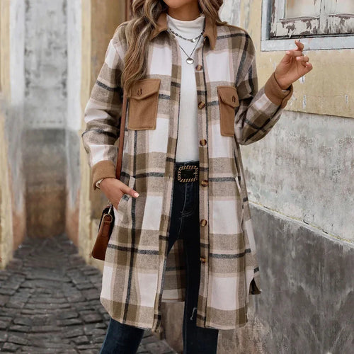 Drune | Damen Lange Karierte Jacke mit Taschen