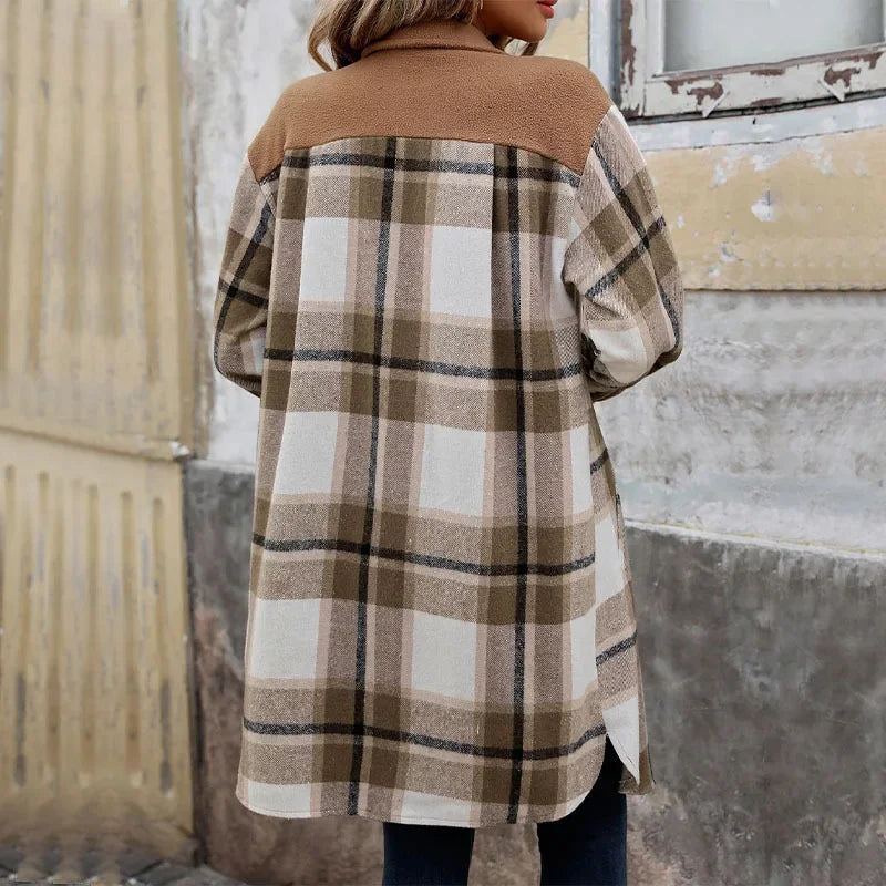 Drune | Damen Lange Karierte Jacke mit Taschen