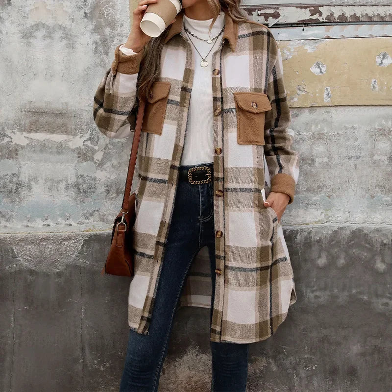 Drune | Damen Lange Karierte Jacke mit Taschen
