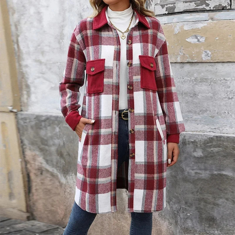 Drune | Damen Lange Karierte Jacke mit Taschen