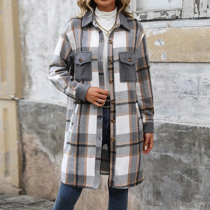 Drune | Damen Lange Karierte Jacke mit Taschen