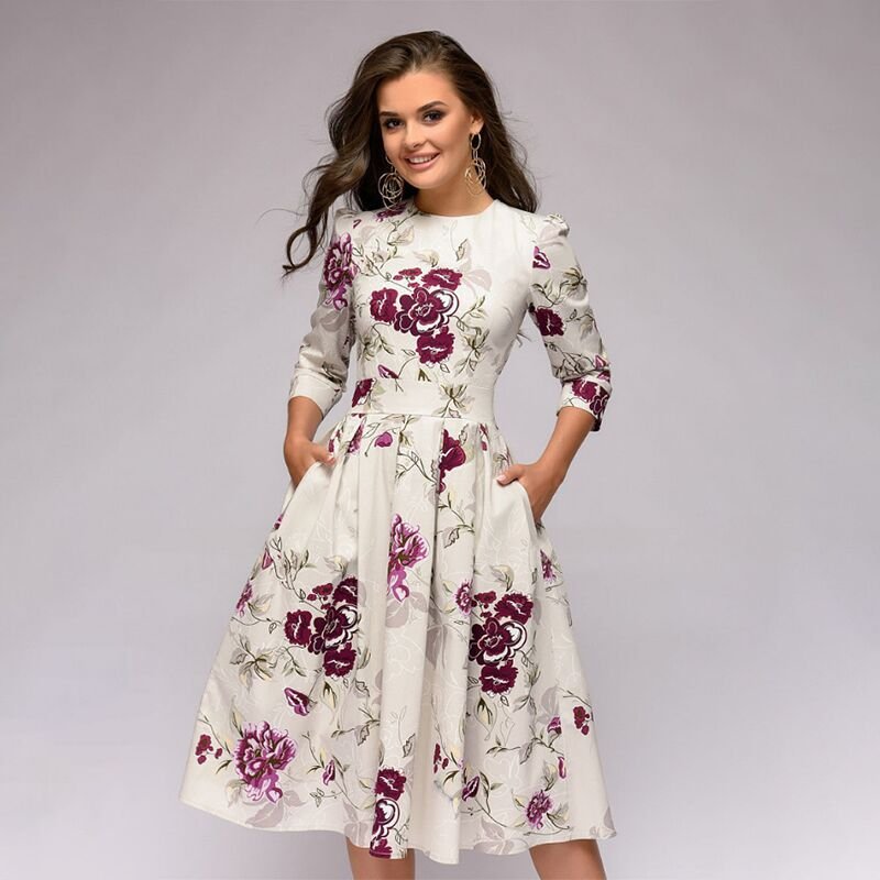 Drune | Lässiges Mittellanges Kleid mit Rundhalsausschnitt Blumendruck und Taschen